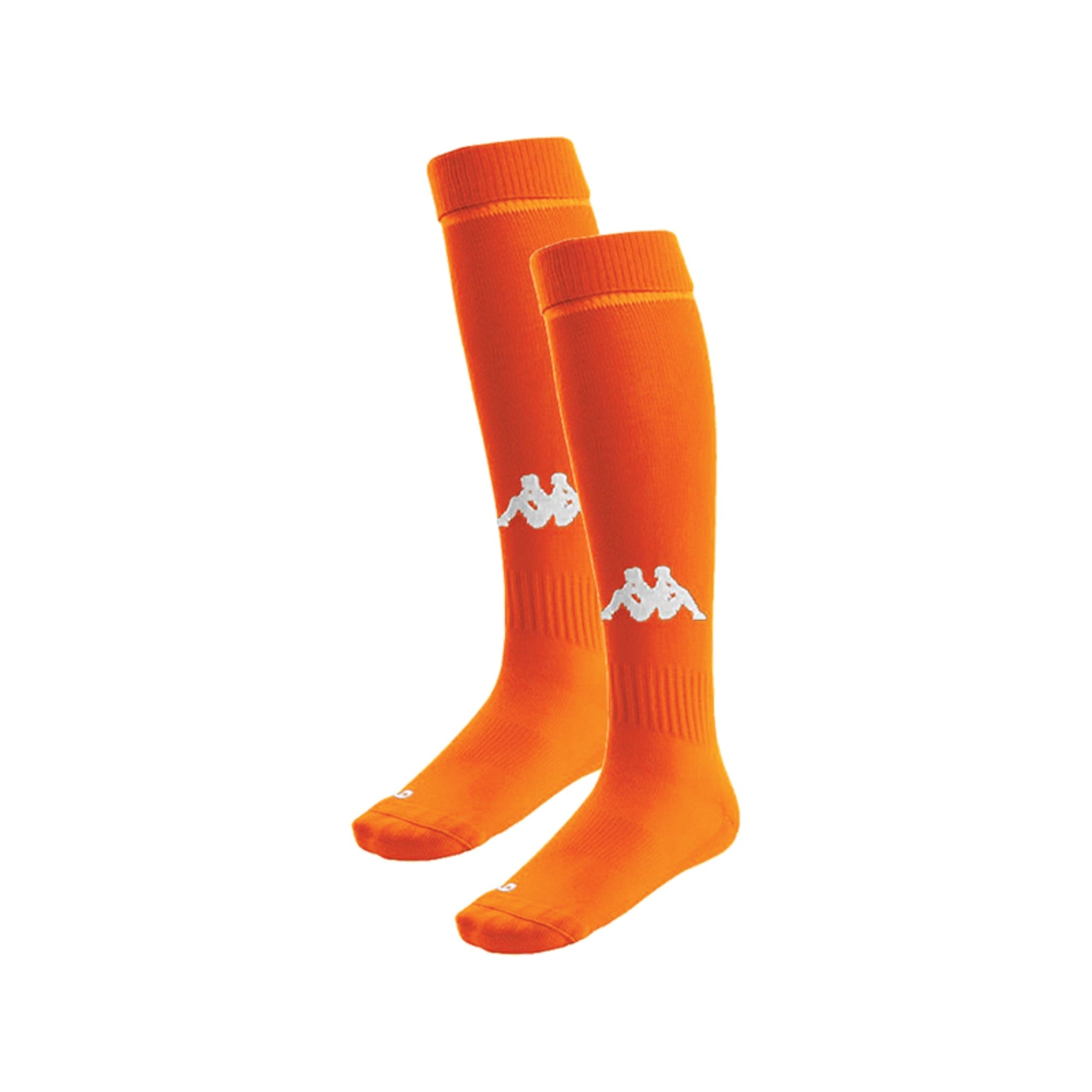 Kappa Penao socks in orange flame with knitted white Omini in the front shin area
