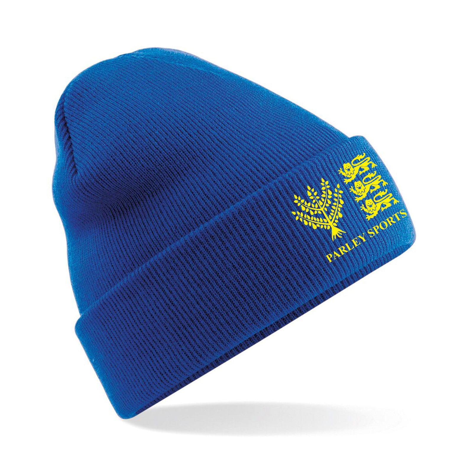 royal blue cuffed beanie with yellow Parley Sports FC logo 