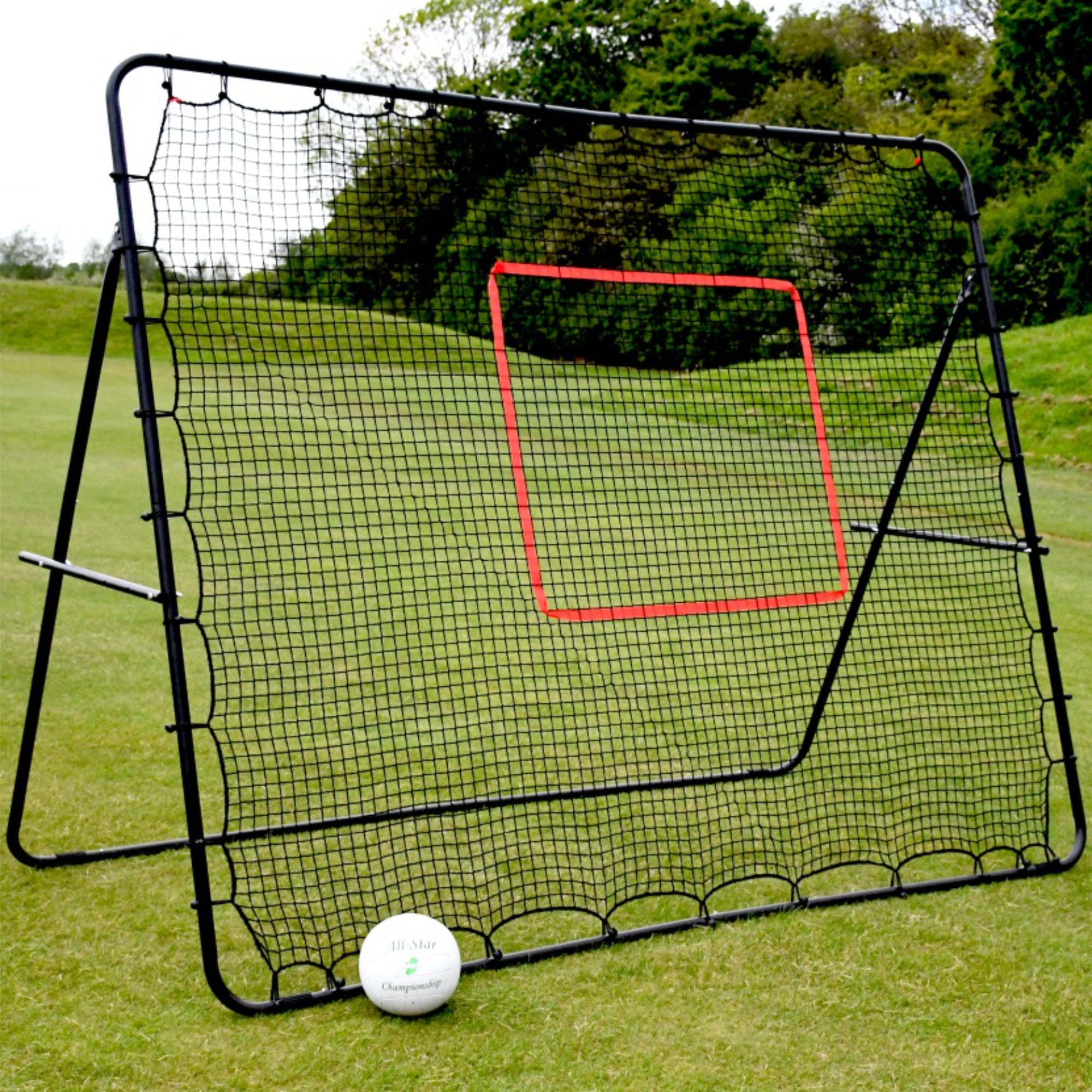 Black steel frame large rebounder with red taped target zone in middle