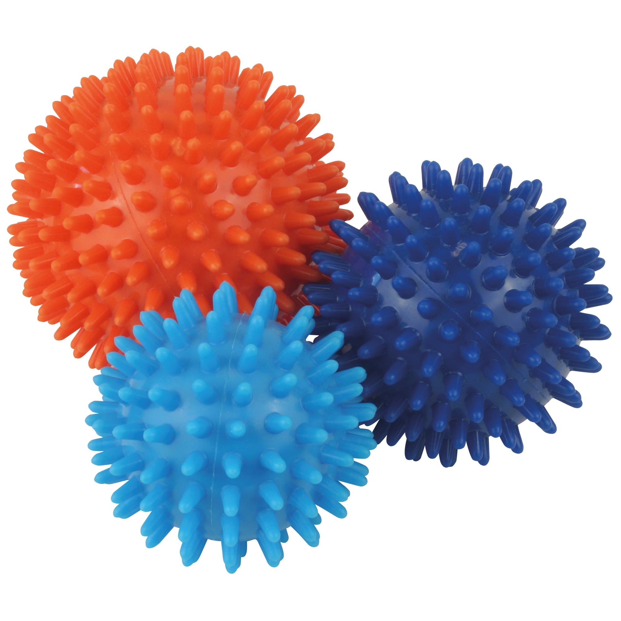 UFE Spiky Massage Balls Set. Large red ball, dark blue mid size and small light blue spiky ball