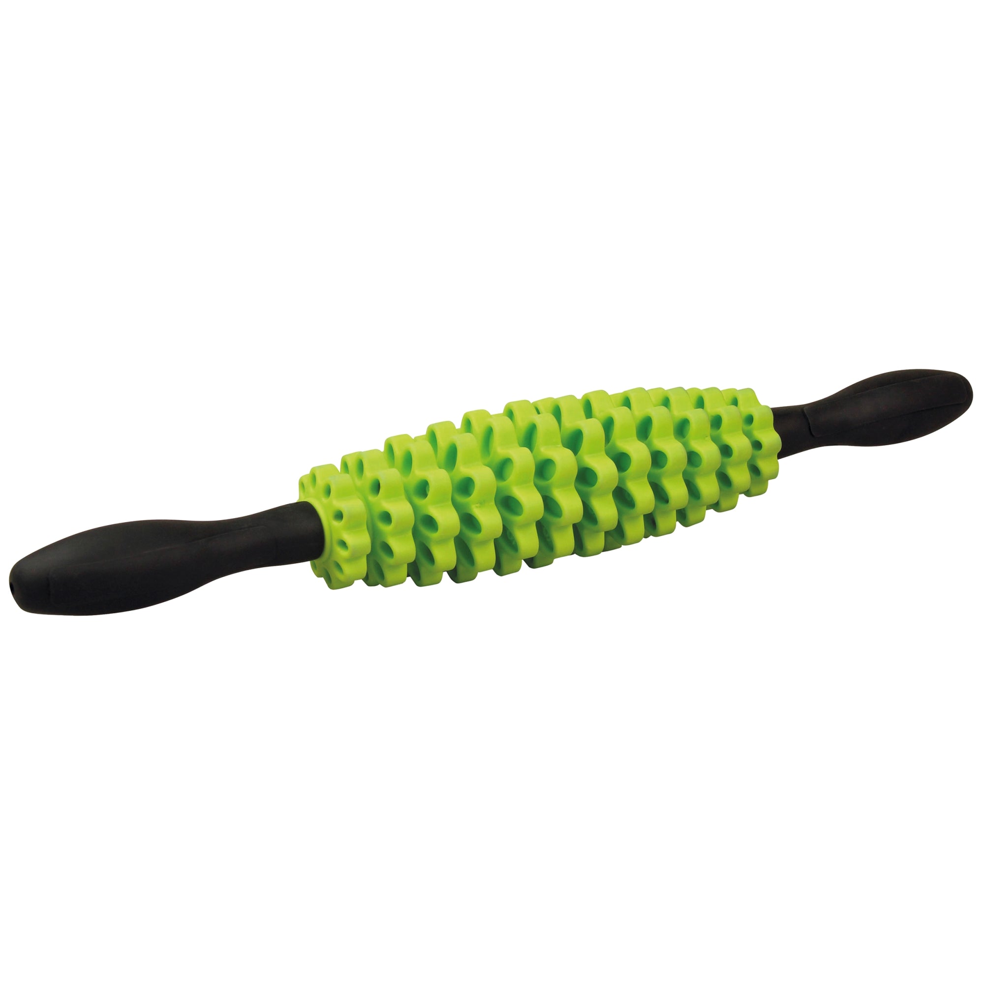 UFE adjustable massage stick with black handles, and 12 green wheels 
