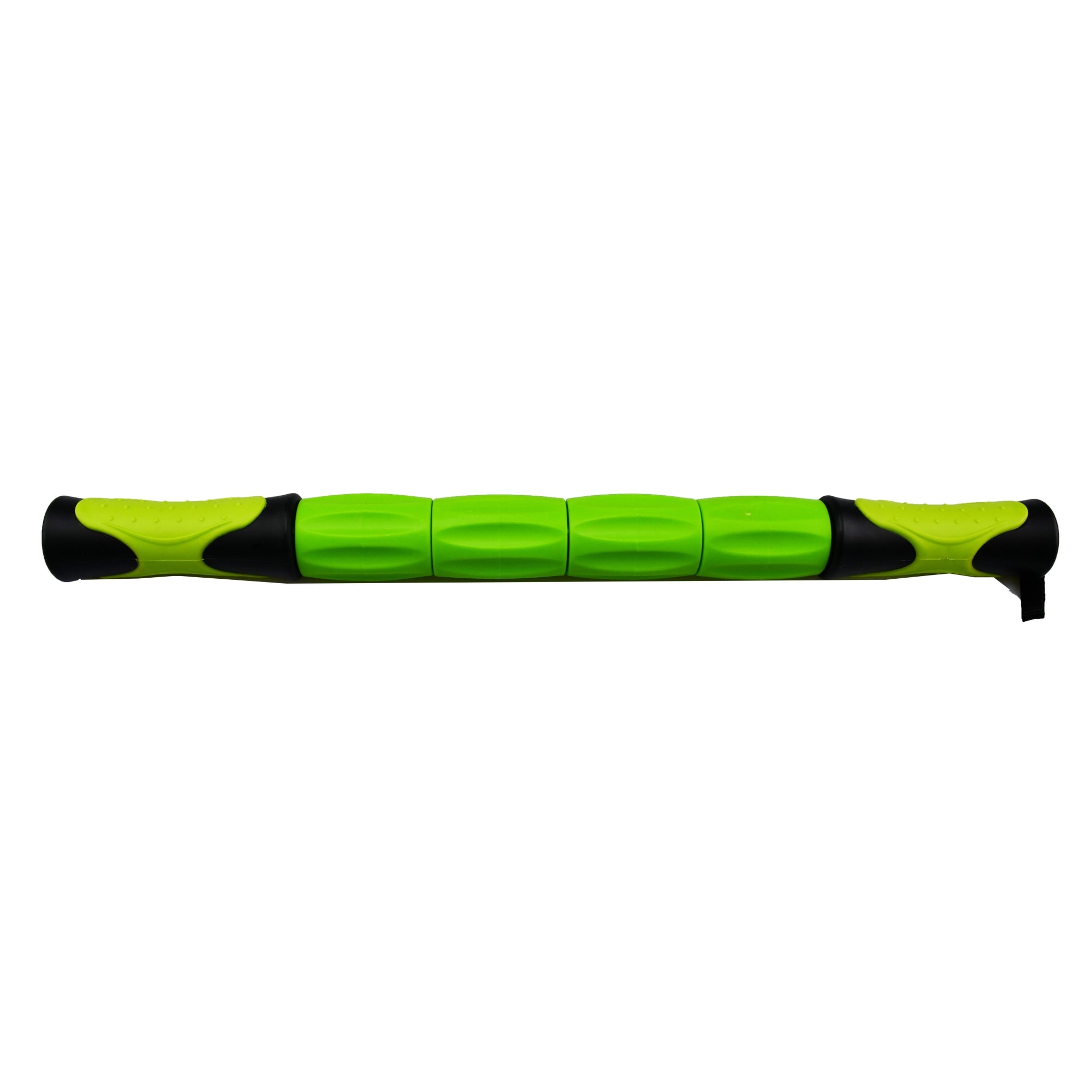 UFE MAssage Stick with green and black easy grip handles, and 4 independent green rollers in the middle of the stick