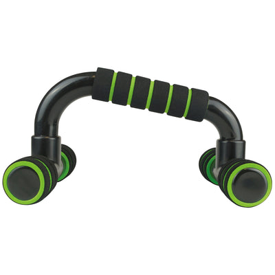Single UFE Push Up Bar in black with sloping angle of bar. Green ring design through black foam grips.