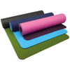 UFE 6mm TPE Yoga Mats laid on top of one another with contrast top to bottom in 3 different colour variations; sky/navy, mulberry/pink and olive/charcoal