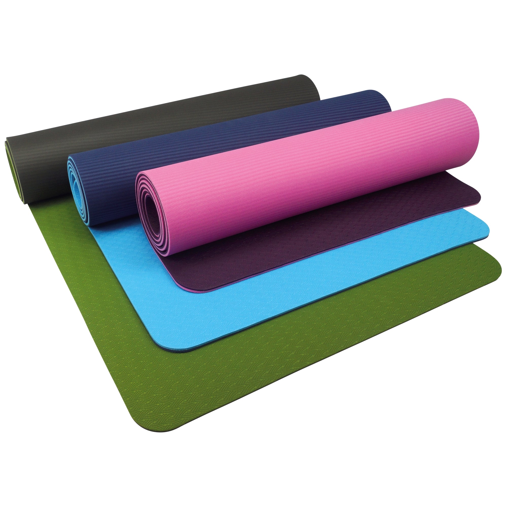  UFE 6mm TPE Yoga Mats laid on top of one another with contrast top to bottom in 3 different colour variations; sky/navy, mulberry/pink and olive/charcoal